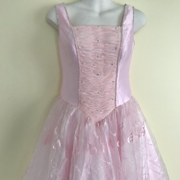 Pastel Pink Satin & Embroidered Tulle Prom Dress Princess Bow Ballgown - Picture 2 of 6